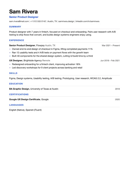 Clean resume template with a sample product designer resume