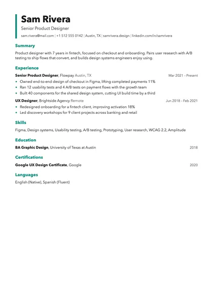 Modern resume template with a sample product designer resume